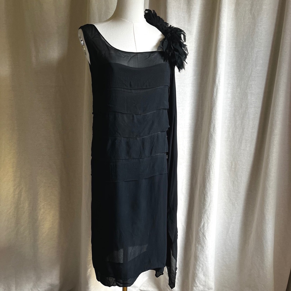 1920s–1930s Black Chiffon Flapper Dress With Draped Scarf Detail XS